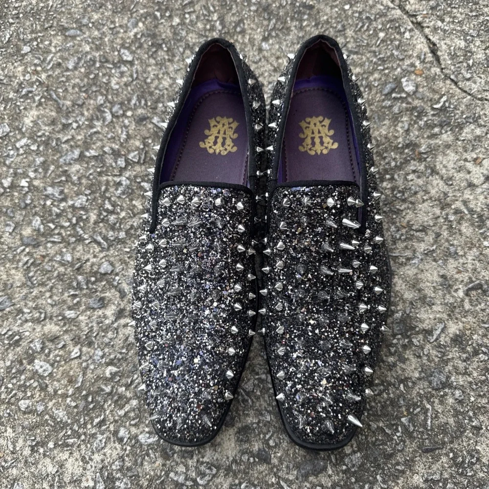 After Minute Black Spikes Slip-On Smoking‎ Men's Prom Dress Shoes Sz 7 Glitter